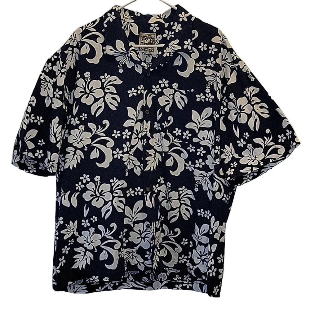 Steve & Barry’s Blue & White Classic Hawaiian Floral Button Down Aloha Shirt XXL